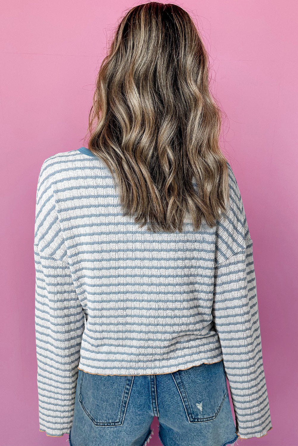 Sky Blue Stripe Textured Frilly Trim Buttons Henley Long Sleeve Top Long Sleeve Tops JT's Designer Fashion