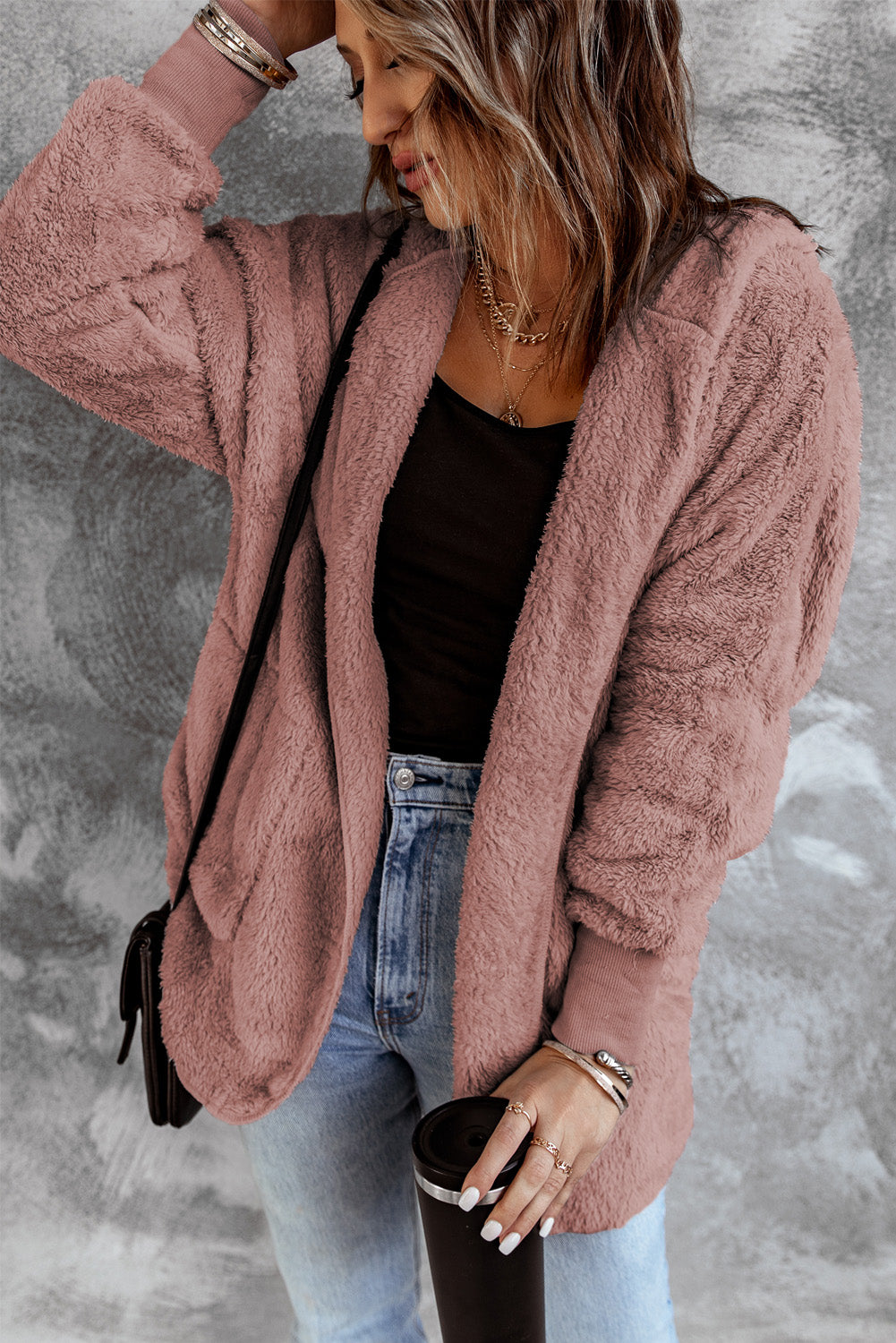 Pink Pink Soft Fleece Hooded Open Front Jacket Jackets JT's Designer Fashion