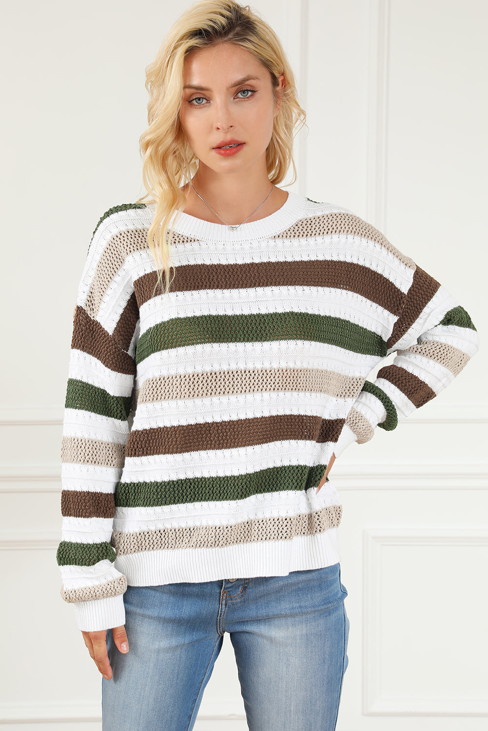 Stripe Crochet Hollow out Knit Sweater Sweaters & Cardigans JT's Designer Fashion