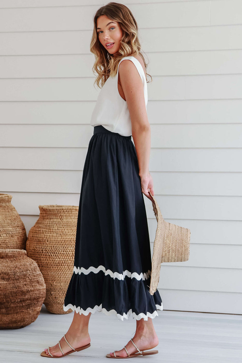 Black Ricrac Trim Colorblock High Waist Long Skirt Bottoms JT's Designer Fashion