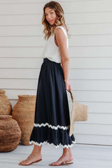Black Ricrac Trim Colorblock High Waist Long Skirt Bottoms JT's Designer Fashion
