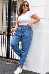 Dusk Blue Drawstring Waist Pocketed Plus Size Denim Joggers Plus Size Bottoms JT's Designer Fashion