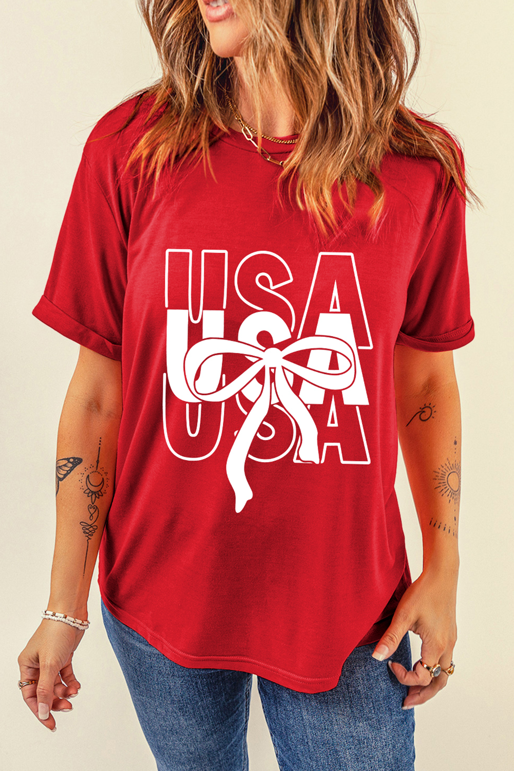Red USA Bow Printed Casual Cotton Blend T Shirt Graphic Tees JT's Designer Fashion