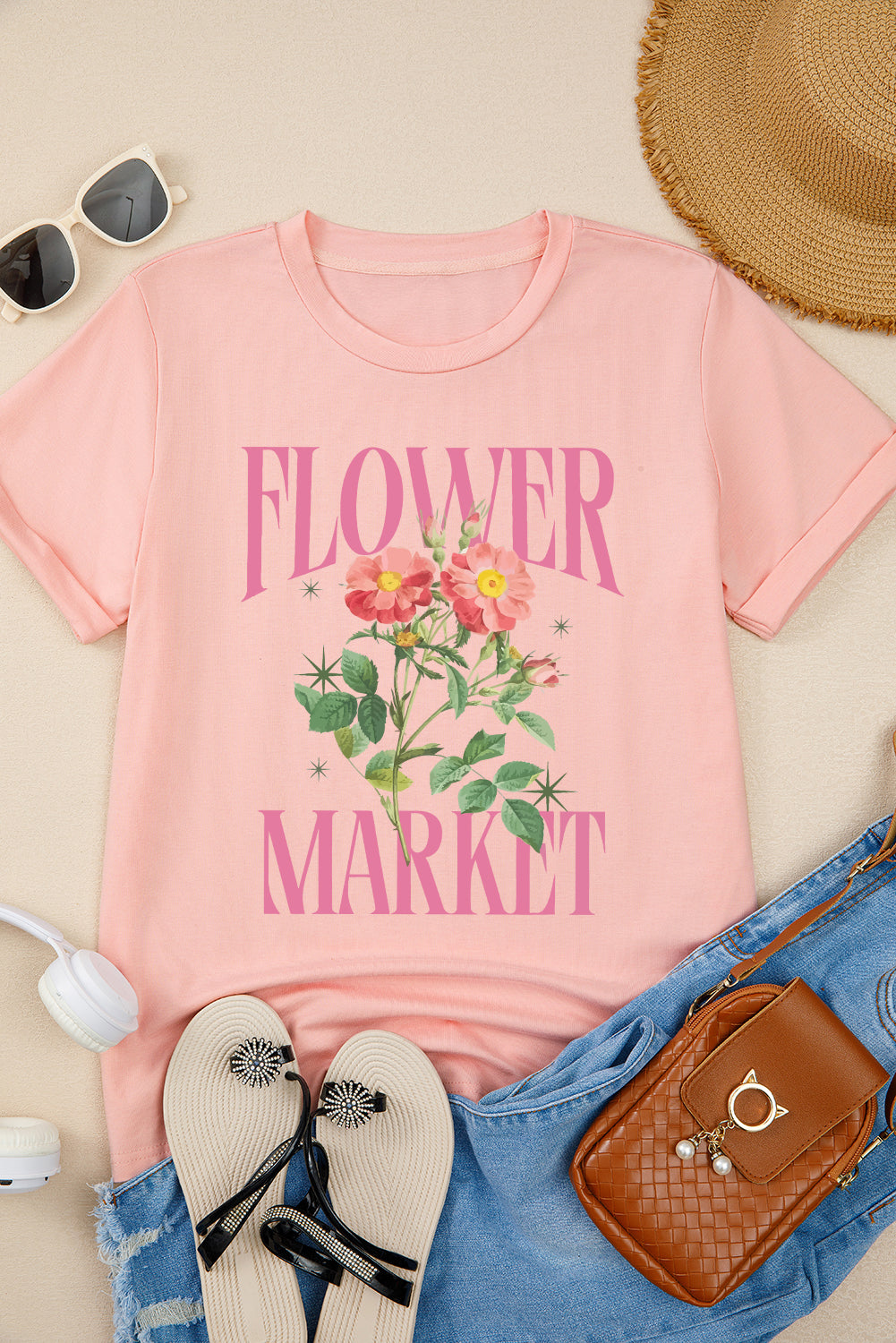 Pink FLOWER MARKET Graphic Crewneck T Shirt Graphic Tees JT's Designer Fashion