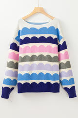 Dark Blue Wave Striped Balloon Sleeve Drop Shoulder Sweater Sweaters JT's Designer Fashion