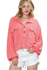 Pink Corded Flap Pocket Henley Top Long Sleeve Tops JT's Designer Fashion