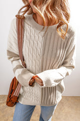 Khaki Cable Knit Colorblock Crew Neck Drop Shoulder Sweater Sweaters JT's Designer Fashion