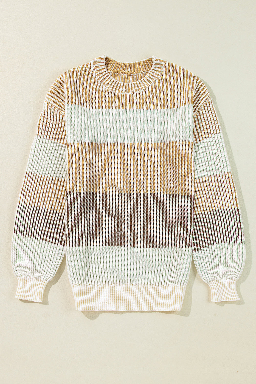 Brown Colorblock Textured Knit Bubble Sleeve Sweater Sweaters JT's Designer Fashion