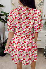 Red Floral Puff Sleeve Tiered Ric Rac Pocketed Mini Dress Floral Dresses JT's Designer Fashion