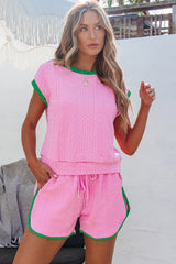 Pink Contrast Trim Cable Textured Shorts Set Short Sets JT's Designer Fashion