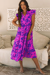 Rose Floral Print Tiered Frilled Trim Flutter Sleeve Maxi Dress Floral Dresses JT's Designer Fashion