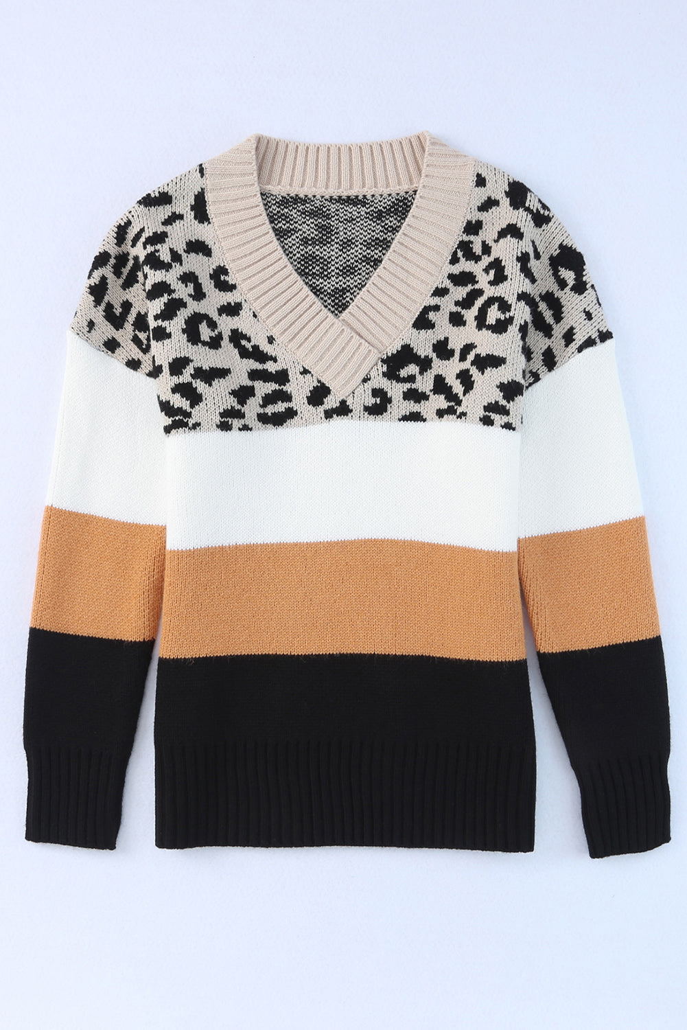 Khaki Leopard Color Block Long Sleeve Sweater Sweaters & Cardigans JT's Designer Fashion