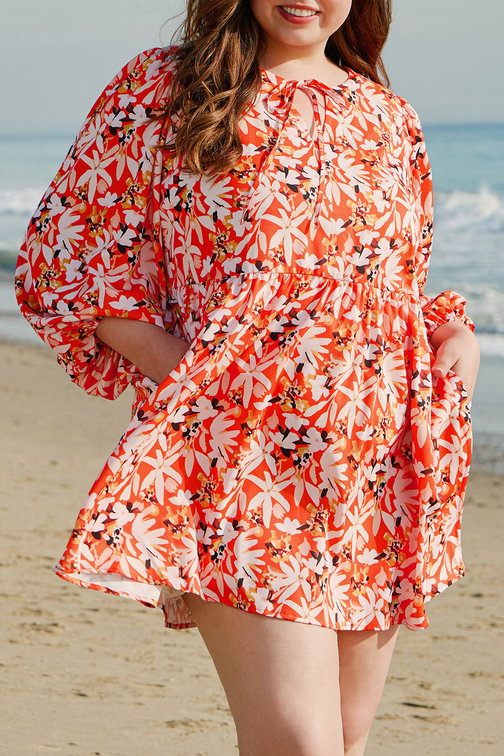 Orange Floral Print Split V Neck Bubble Sleeve Plus Size Midi Dress Plus Size Midi Dresses JT's Designer Fashion