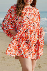 Orange Floral Print Split V Neck Bubble Sleeve Plus Size Midi Dress Plus Size Midi Dresses JT's Designer Fashion