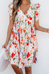 Pink Floral Double Ruffle Sleeve V Neck High Waist Mini Dress Floral Dresses JT's Designer Fashion