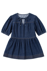 Sail Blue Puff Sleeve Lace-up Neckline Splicing Denim Blouse Blouses & Shirts JT's Designer Fashion