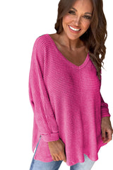 Rose Red Waffle Knit Side Slits Loose Fit V Neck Top Long Sleeve Tops JT's Designer Fashion