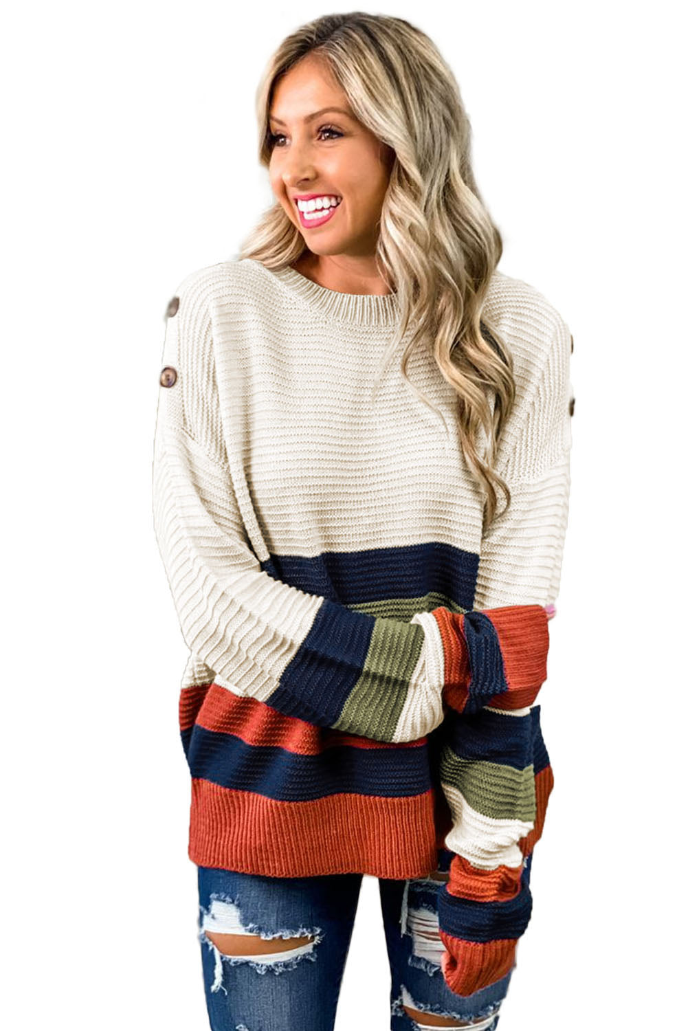 White Buttoned Shoulder Drop Shoulder Striped Sweater Sweaters & Cardigans JT's Designer Fashion