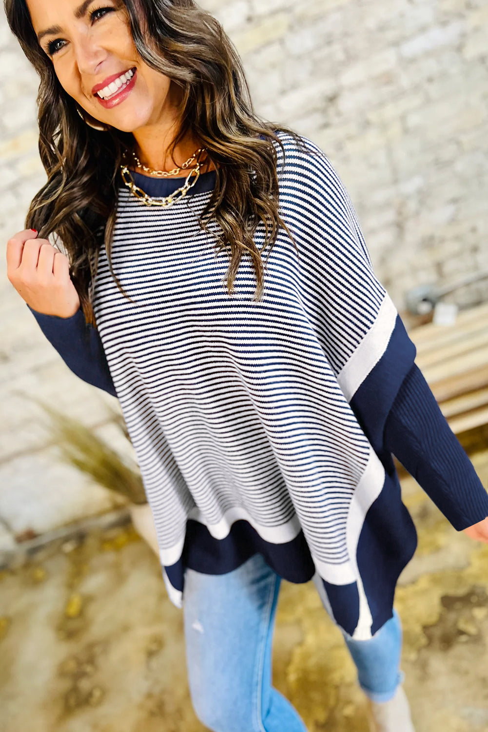 Blue Stripe Color Block Patchwork Dolman Oversize Tunic Sweater Sweaters JT's Designer Fashion