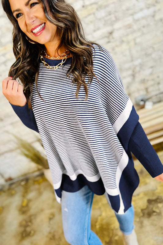 Blue Stripe Color Block Patchwork Dolman Oversize Tunic Sweater Sweaters JT's Designer Fashion