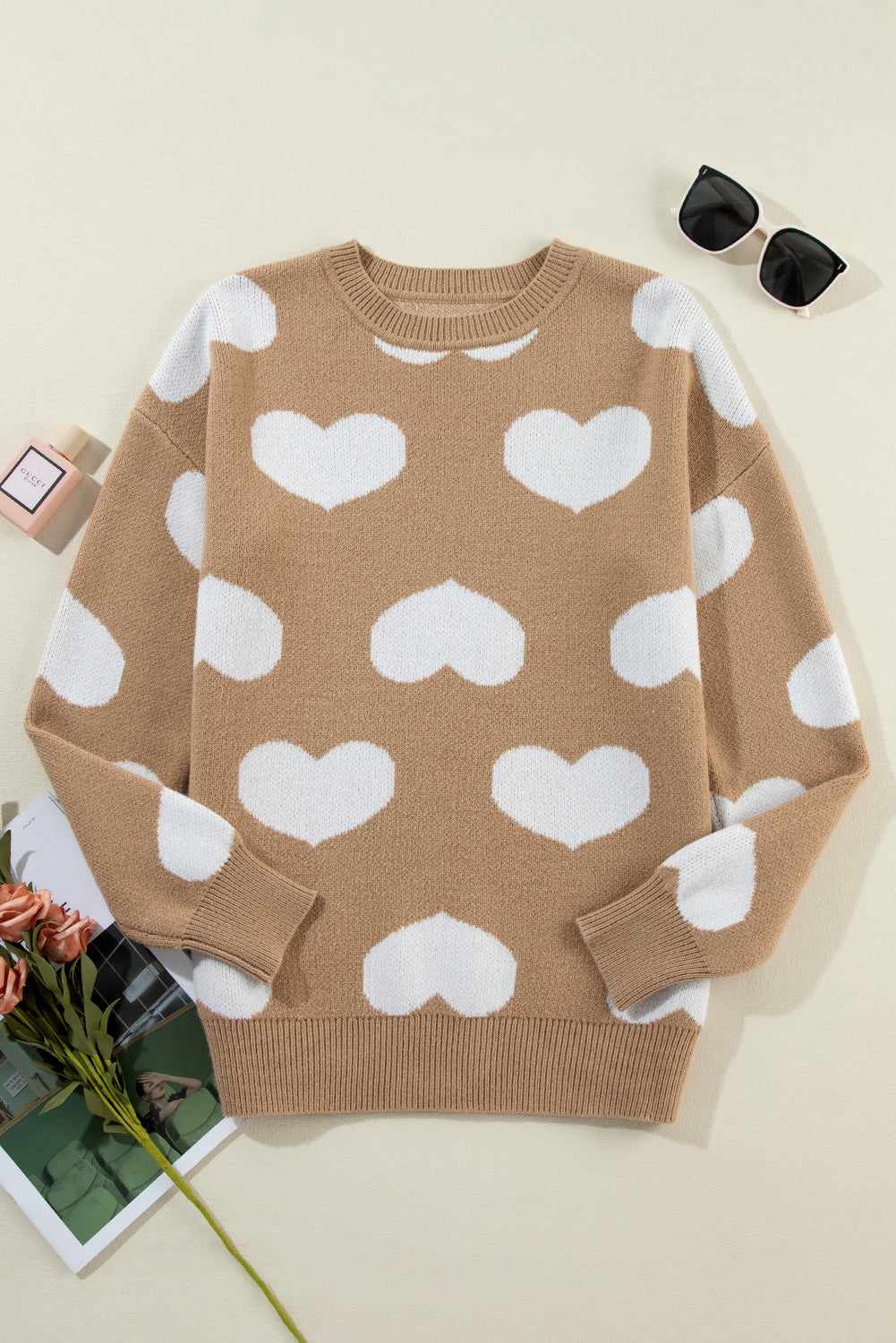 Khaki Contrast Heart Pattern Round Neck Sweater Sweaters JT's Designer Fashion