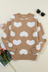 Khaki Contrast Heart Pattern Round Neck Sweater Sweaters JT's Designer Fashion