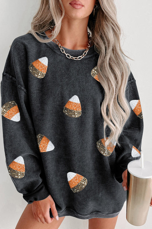 Black Sequin Candy Corn Patched Corded Halloween Sweatshirt Black 100%Polyester Graphic Sweatshirts JT's Designer Fashion