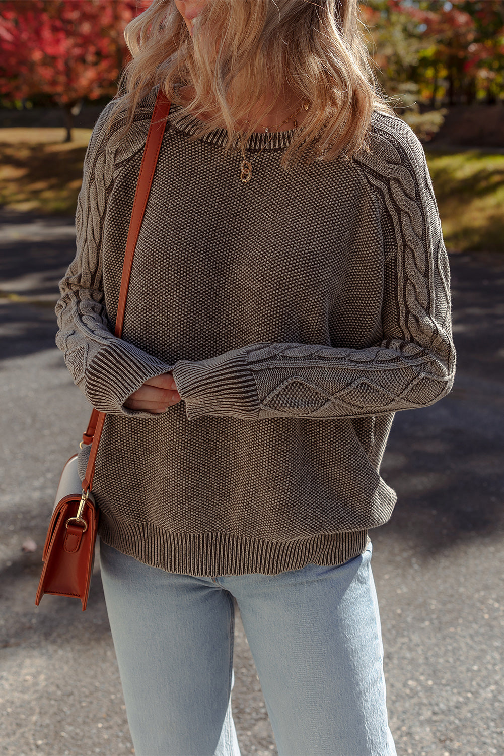 Dark Brown Contrast Cable Knit Sleeve Casual Sweater Sweaters JT's Designer Fashion