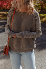 Dark Brown Contrast Cable Knit Sleeve Casual Sweater Sweaters JT's Designer Fashion