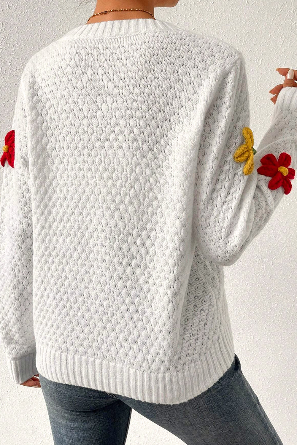 White Colorful Flower Applique Textured Knit Sweater Sweaters JT's Designer Fashion