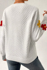 White Colorful Flower Applique Textured Knit Sweater Sweaters JT's Designer Fashion