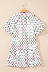 Pink Floral Print Bubble Sleeve Neck Tie Ruffled Dress Floral Dresses JT's Designer Fashion