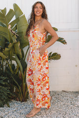 Orange Floral V Neck Wide Leg Sleeveless Jumpsuit Jumpsuits & Rompers JT's Designer Fashion