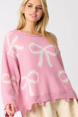 Pink Pearl Beaded Bowknot Pattern Distressed Split Hem Sweater Sweaters JT's Designer Fashion