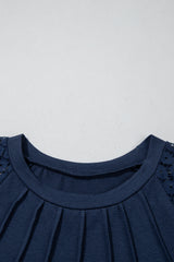 Navy Blue Contrast Lace Raglan Sleeve Pleated Detail Shift Dress T Shirt Dresses JT's Designer Fashion
