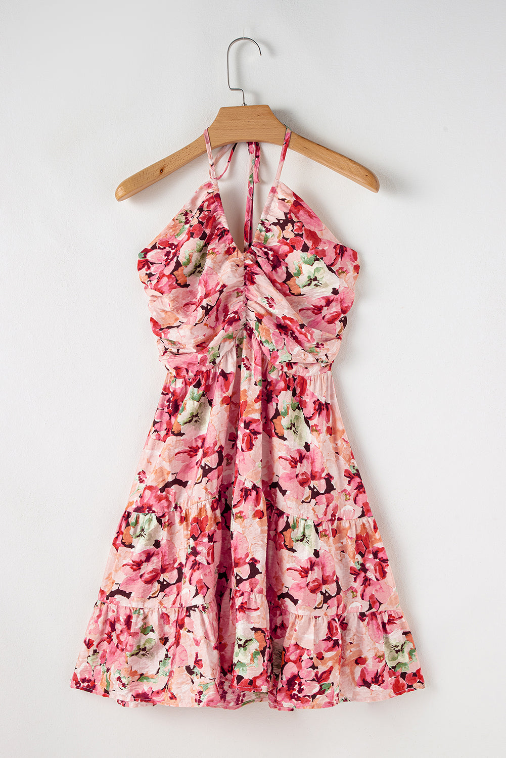 Pink Floral Sleeveless Halter Neck Shirred Back Ruffled Mini Dress Floral Dresses JT's Designer Fashion