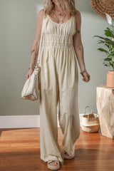 Beige Ruched High Waist Sleeveless Wide Leg Jumpsuit Jumpsuits & Rompers JT's Designer Fashion