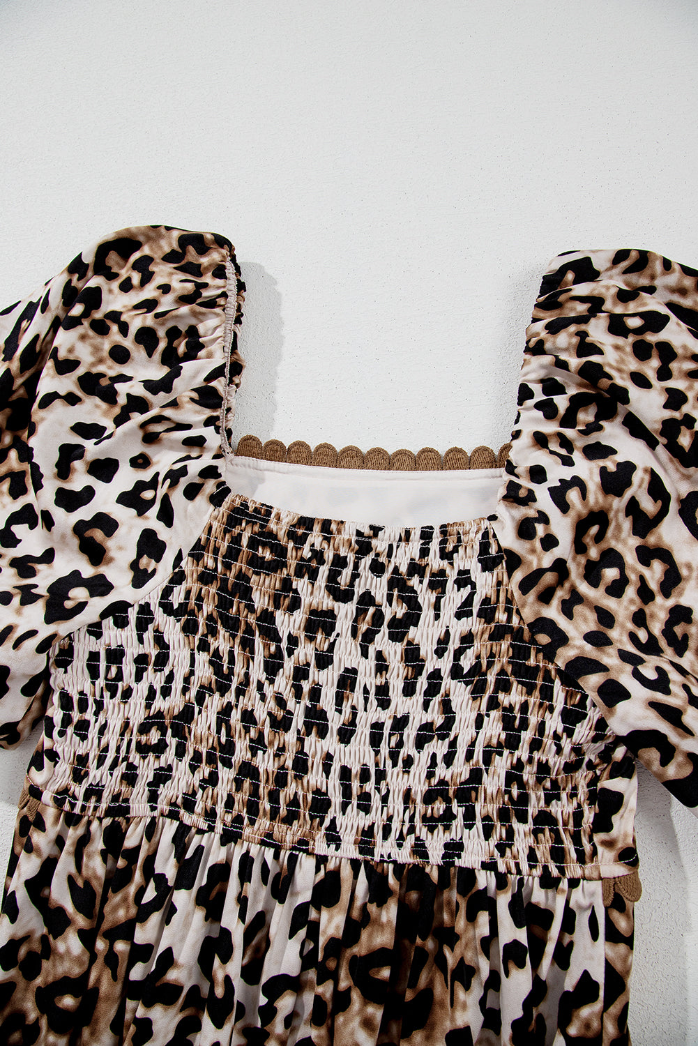 Brown Leopard Print Bubble Sleeve Square Neck Long Dress Maxi Dresses JT's Designer Fashion