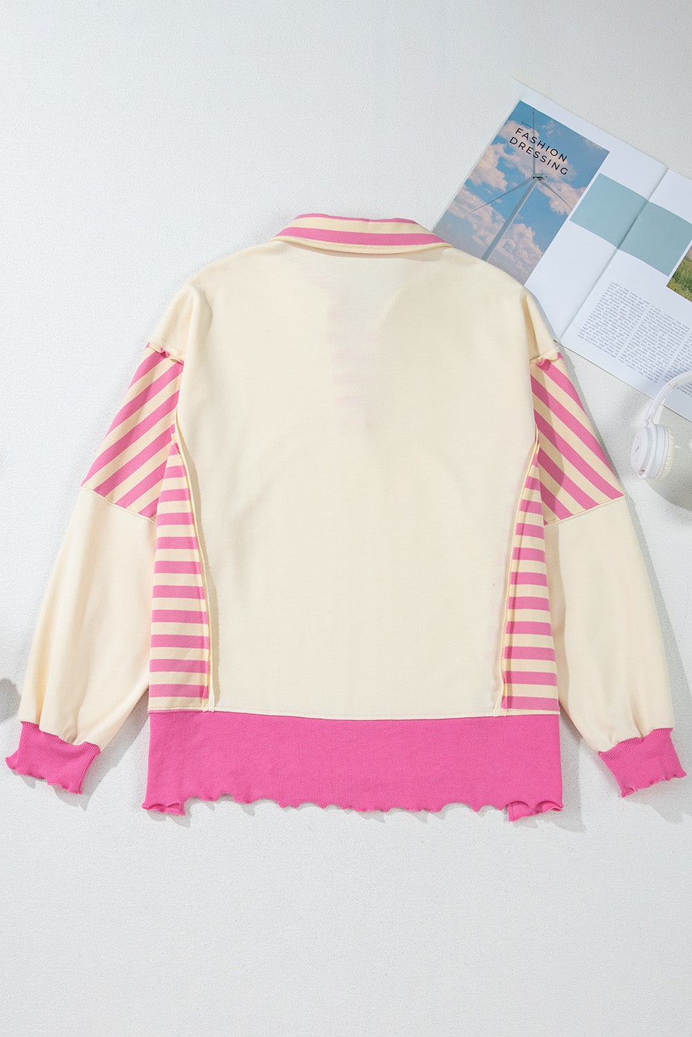 Pink Stripe Patchwork Sequin Heart Pattern Long Sleeve Collared Split Top Graphic Sweatshirts JT's Designer Fashion
