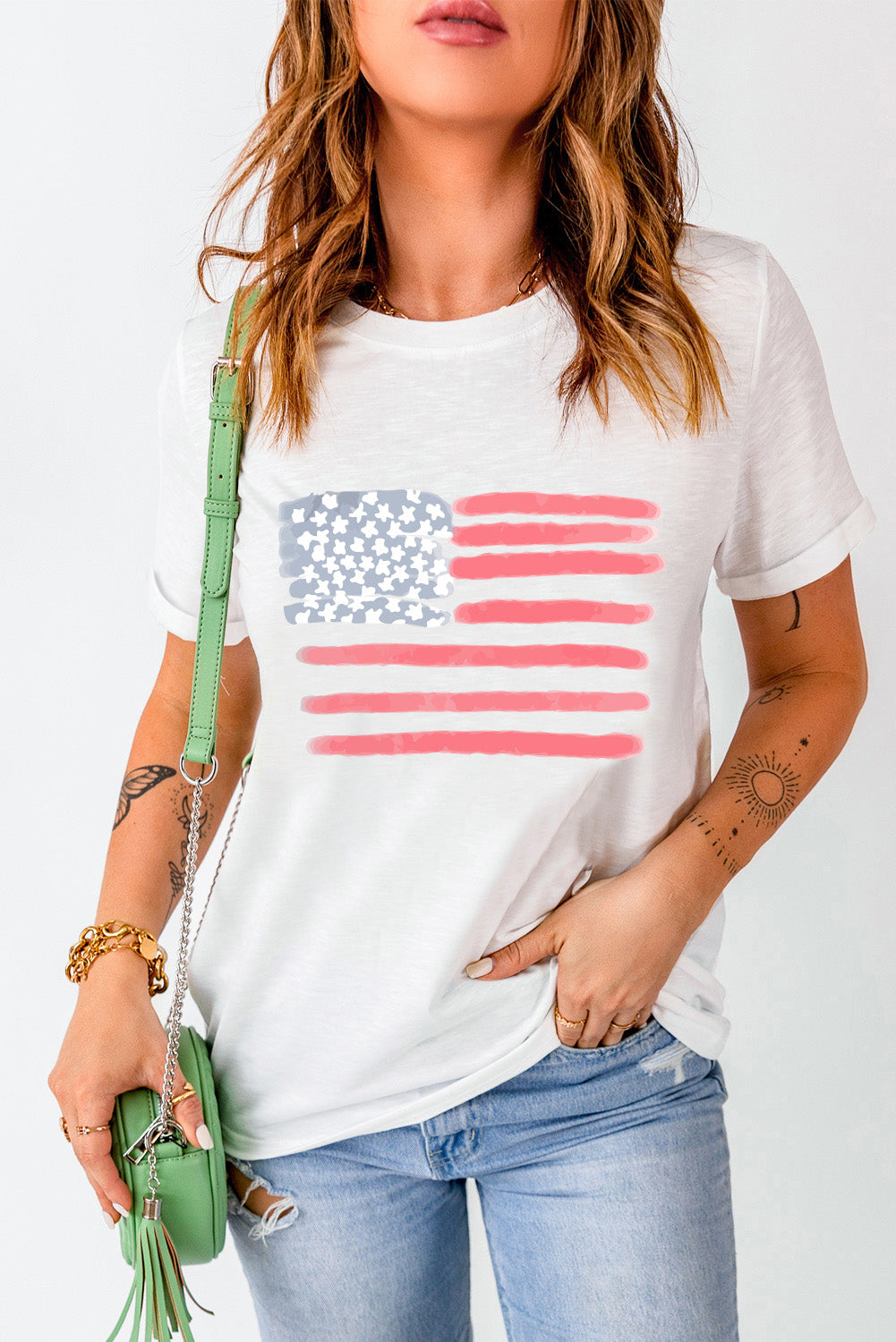 White American Flag Pattern Crew Neck Short Sleeve Tee Graphic Tees JT's Designer Fashion
