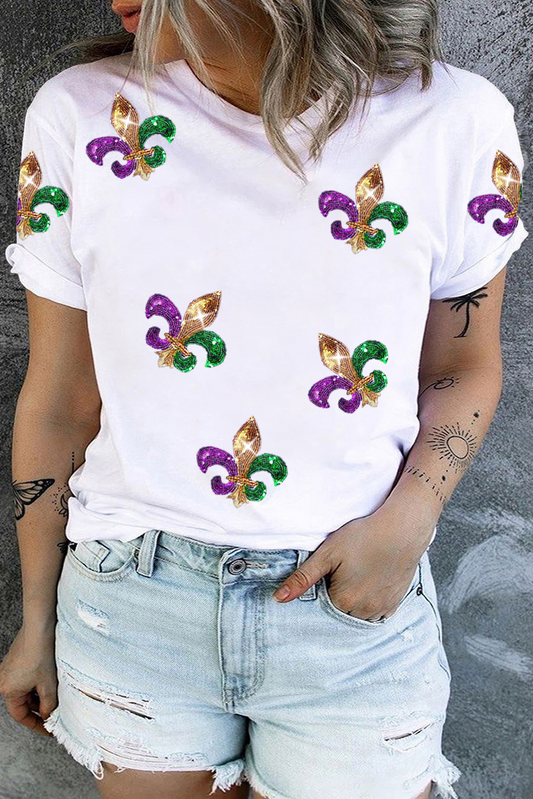 White Plus Size Glitter Fleur De Lis Patch Mardi Gras T-shirt White 65%Polyester+30%Viscose+5%Elastane Graphic Plus Size JT's Designer Fashion