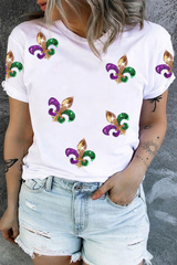 White Plus Size Glitter Fleur De Lis Patch Mardi Gras T-shirt White 65%Polyester+30%Viscose+5%Elastane Graphic Plus Size JT's Designer Fashion