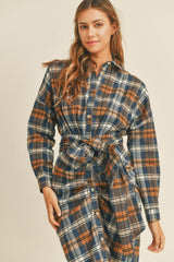 Plaid Flannel Front Tie Button Down Shirt Dress T Shirt Dresses JT's Designer Fashion