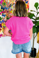 Bright Pink Corded Flower Embroidery Short Sleeve Knitwear Top Sweaters & Cardigans JT's Designer Fashion