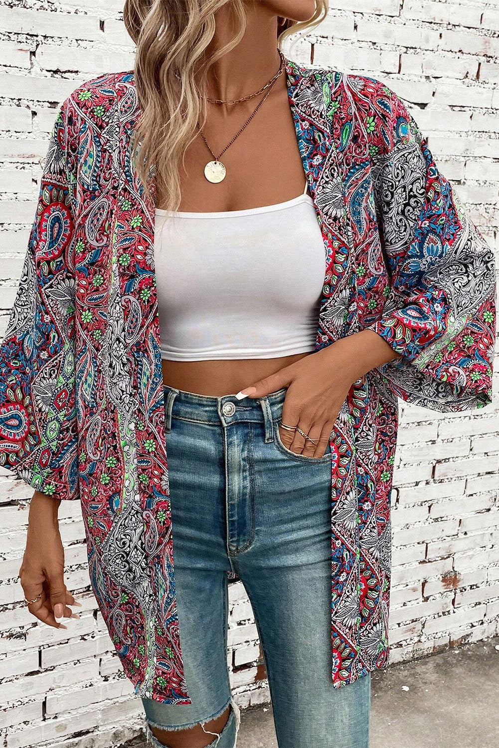 Red Paisley Print Open Front Kimono Red 100%Polyester Kimonos JT's Designer Fashion