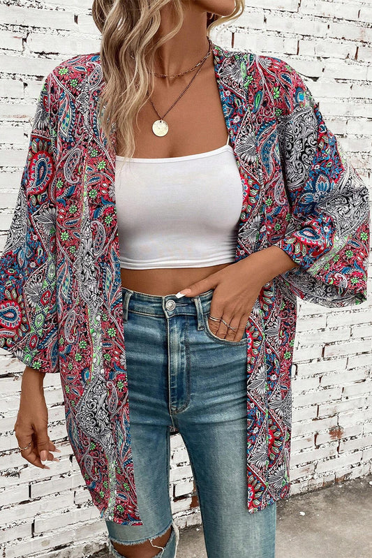 Red Paisley Print Open Front Kimono Red 100%Polyester Kimonos JT's Designer Fashion
