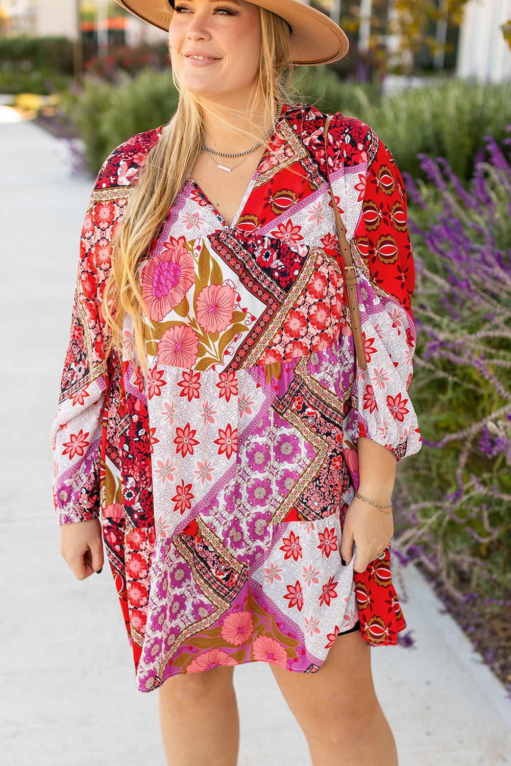 Rose Mixed Floral Long Sleeve V Neck Lace-up Hollowed Back Plus Size Dress Plus Size Mini Dresses JT's Designer Fashion