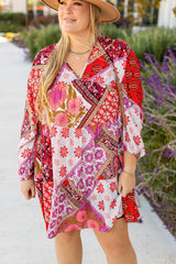 Rose Mixed Floral Long Sleeve V Neck Lace-up Hollowed Back Plus Size Dress Plus Size Mini Dresses JT's Designer Fashion