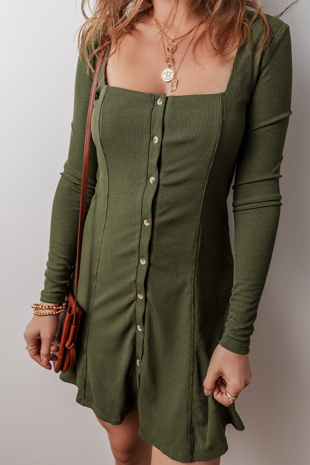 Guacamole Green Rib Knit Square Neck Buttoned Long Sleeve Mini Dress Mini Dresses JT's Designer Fashion