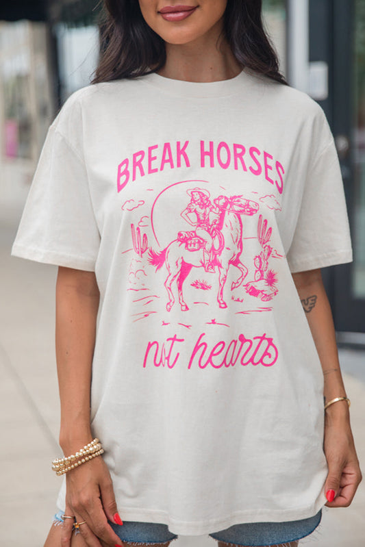 White Western BREAK HORSES Cowboy Graphic Crewneck T Shirt Graphic Tees JT's Designer Fashion